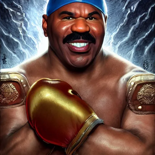 Image similar to steve harvey as balrog from street fighter, boxing gloves, punching air, ultra realistic, concept art, intricate details, eerie, highly detailed, photorealistic, octane render, 8 k, unreal engine. art by artgerm and greg rutkowski and magali villeneuve and alphonse mucha