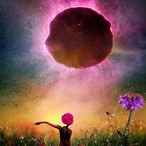 Image similar to A picture of a planet of various flowers, fungus and plants, in which the human figure is dressed in something magical and impressive, inside the picture is infinity, sunset light, Atmospheric phenomenon, artistic photography, muted colors, conceptual