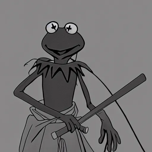 Prompt: Kermit the frog as an anime character, in the style of TV anime afro samurai, Key Frame, Top rated of pixiv, High Detail, Medium Shot, Dusk