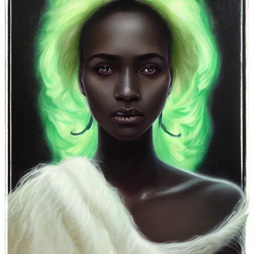 Image similar to a detailed matte oil on canvas head on symmetrical portrait of black skinned woman with long white and ( ( ( pale greenish ) ) ) hair, clothed by charlie bowater, lise deharme, wlop, trending on artstationhd, dungeons and dragons art critical role