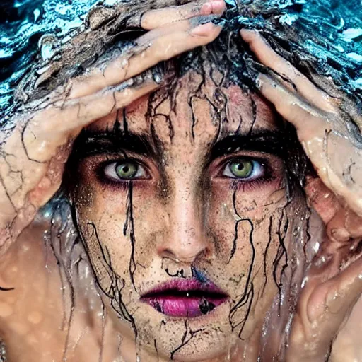 Image similar to godesses, three eyed, hairy bodies, third eye in middle of forehead, wide shot, photograph, wet hairy bodies, wet feet in water, bodies, soft colors, wet eye in forehead, pins, very detailed, wet eyes reflecting into eyes reflecting into infinity, beautiful lighting