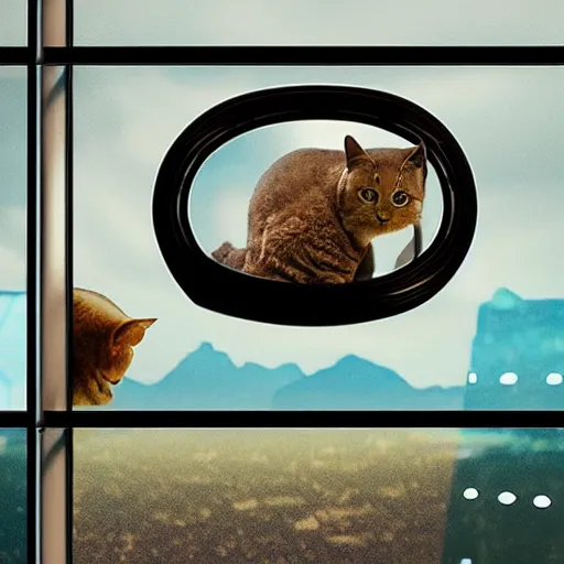 Image similar to cat watching martian landscape, standing inside a futuristic window, next to a food bowl