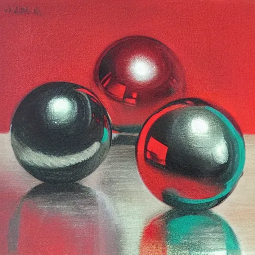 Prompt: chrome spheres on a red cube, conte