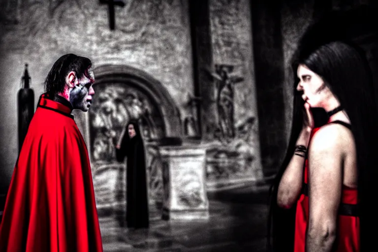 Prompt: dramatic scene of disturbed face of a priest performing an exercism on a girl with long black hair wearing a red dress at the vatican, spooky atmosphere, 3 5 mm, horror movie, hyper detailed, 8 k