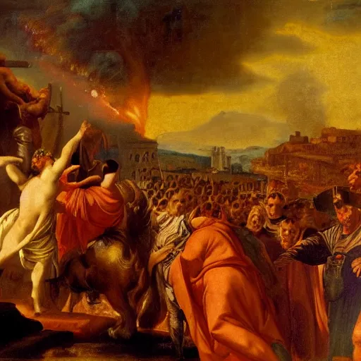 Image similar to emperor nero setting rome on fire, old master painting, ultra realistic details, 8 k