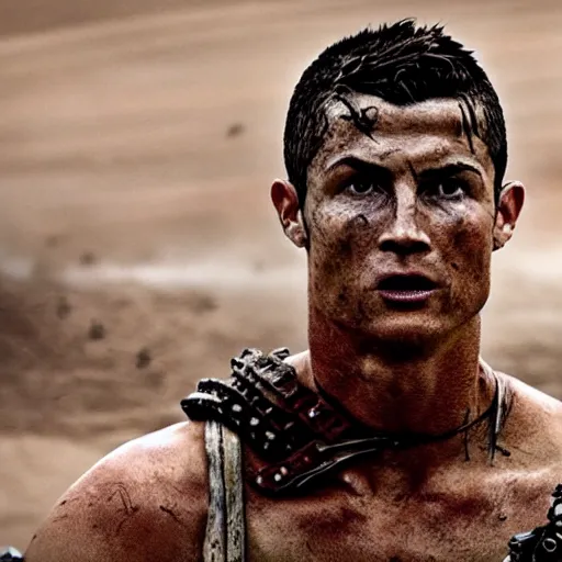 Image similar to cristiano ronaldo as the doof warrior in mad max fury road ( 2 0 1 5 ), movie still,