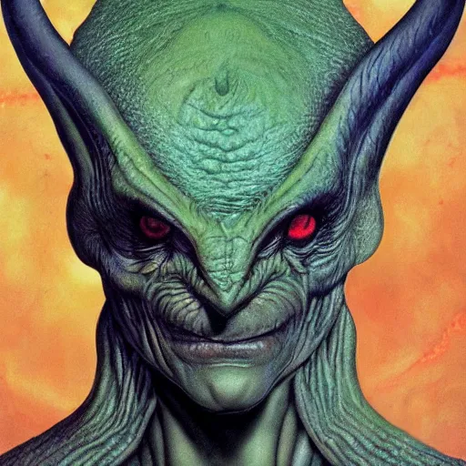 Image similar to realistic alien medium shot portrait with horns, green head. red eyes, human eyes, background flames, by wayne barlowe