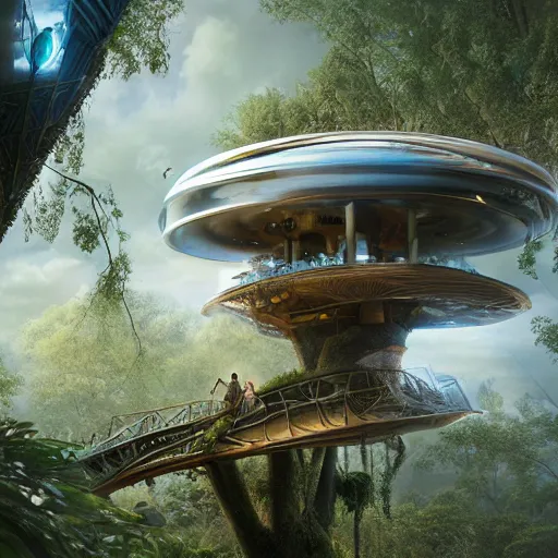 Image similar to futuristic treehouse by Jim Burns, fine art, digital art, cinematic lighting, hyperdetailed, 8k, high resolution, insanely detailed and intricate, unreal engine, octane render