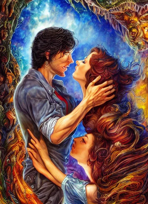 Image similar to John Oliver kissing Sam Winchester, romance book cover style, fantasy style, by Josephine Wall, by Artgerm and Peter Andrew Jones, Ayami Kojima, Amano, and Olivier Ledroit