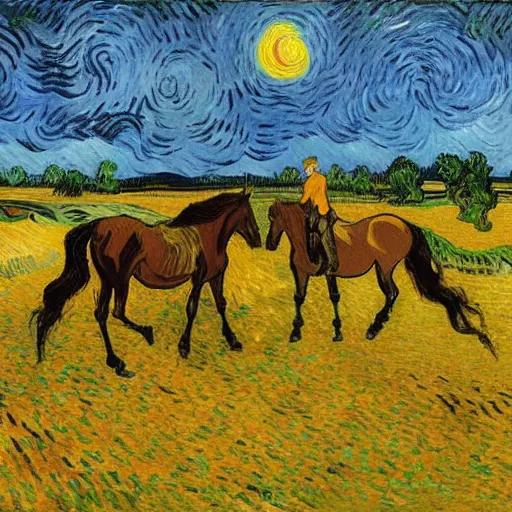 Image similar to horses standing in a field in the moonlight, award winning painting by Vincent van gogh, highly detailed, masterpiece