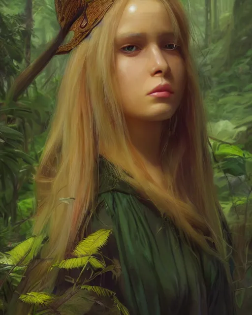 Prompt: wizard girl with long yellow hair wearing a dress in a jungle, beautiful girl, digital art, drawing, by artgerm, by wlop, by jeremy lipking, by greg rutkowski, trending on artstation, octane render, anime style, highly detailed face