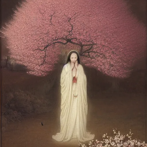 Image similar to a crying woman in a white gown kneeling at a beautiful shrine under a cherry blossom tree, rainy wet, ultradetailed, hd 8 k, agostino arrivabene, oil on canvas, detailed brushstrokes