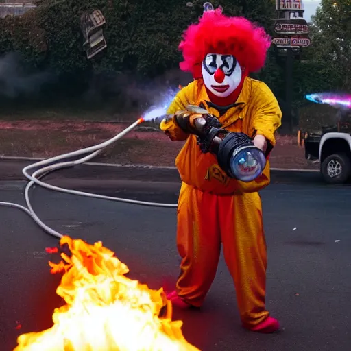 Image similar to photo of a clown using a flamethrower. In the background there is a dumpster fire. award-winning, highly-detailed, 8K