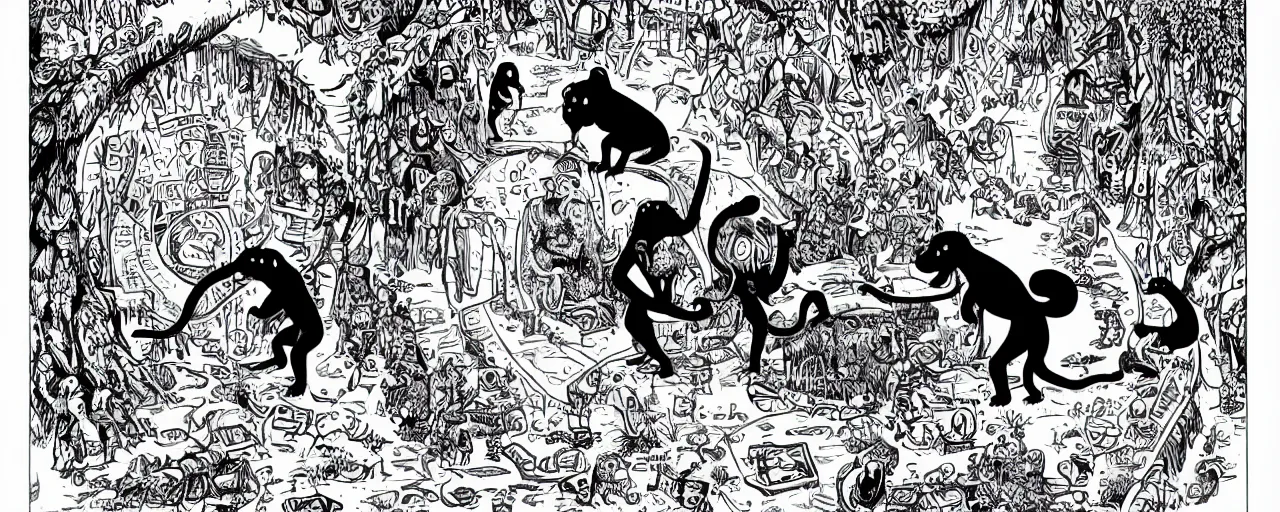 Image similar to the chimpanzee globe trotters go to an elephant wonderland inside the hollow earth where emotions are math and math is love, black and white in the style of jim woodring