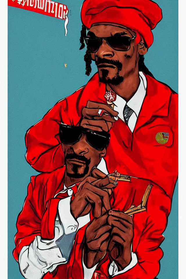 Image similar to an epic socialist realism poster of communist snoop dogg in a red beret smoking a blunt for the proletariat