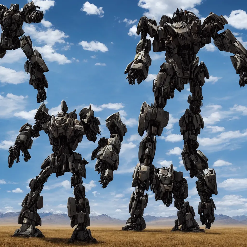 Image similar to a high-quality photo of a giant mech walking through a vast steppe with mountains in the background