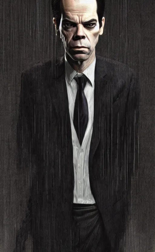 Image similar to full body portrait of nick cave as agent smith as hugo weaving, sumi - e lighting style, intricate linework, artstation, trending, highly detailed, smooth, focus, concept art by glenn fabry, lee bermejo, gabriele dell'otto