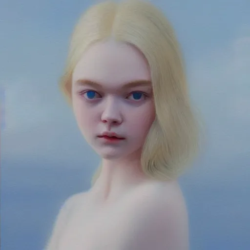 Image similar to Painting of Elle Fanning dreaming, long blonde hair, delicate, pale milky white porcelain skin, by Quint Buchholz. 8K. Extremely detailed.