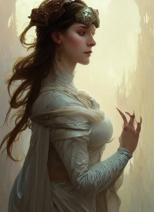 Prompt: portrait of person with face full of white mist, fantasy, medieval wear, intricate, elegant, highly detailed, digital painting, artstation, concept art, smooth, sharp focus, illustration, art by artgerm and greg rutkowski and alphonse mucha