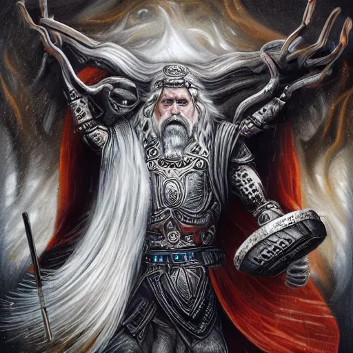 Prompt: mythological Odin all father god of thunder and artificial intelligence creating an artificial neural network inside a big mac, serving burgers, eating rack of ribs, bbq sauce, high resolution, award winning art, trending on art station, sharp image, incredibly detailed, odin all father detailed character, realistic painting