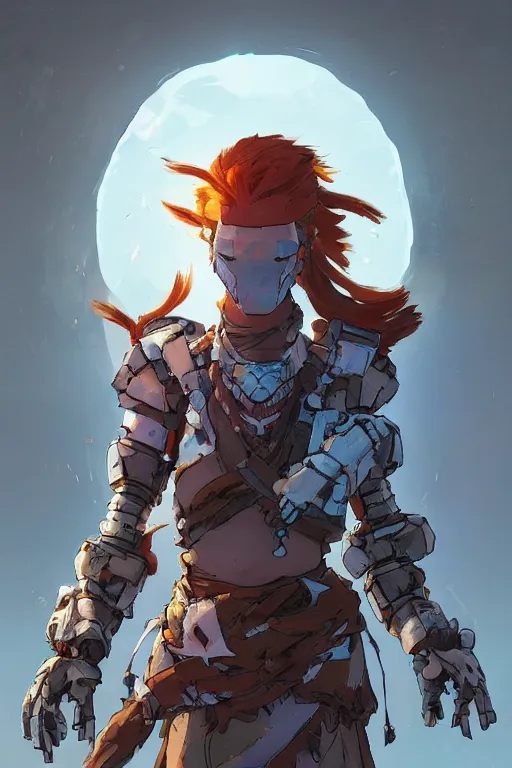 Image similar to combination suit armor aloy horizon forbidden west horizon zero dawn robot ninja mask helmet backpack tribal, art gta 5 comics, official fanart behance hd artstation by jesper ejsing, by rhads, makoto shinkai and lois van baarle, ilya kuvshinov, ossdraws radiating a glowing aura cgi rtx 2 0 2 2