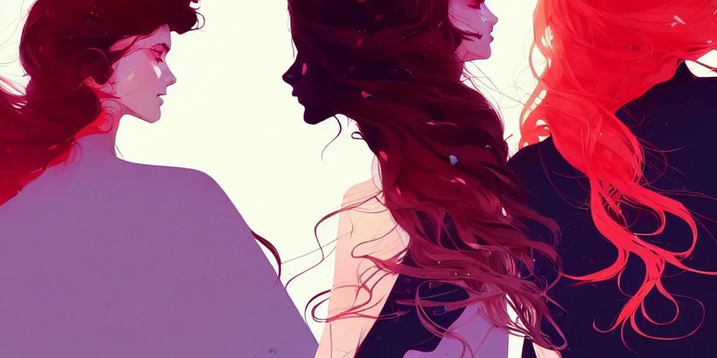 Prompt: a ultradetailed beautiful panting of two stylish woman with flowing hair standing back to back, by conrad roset, greg rutkowski and makoto shinkai, trending on artstation