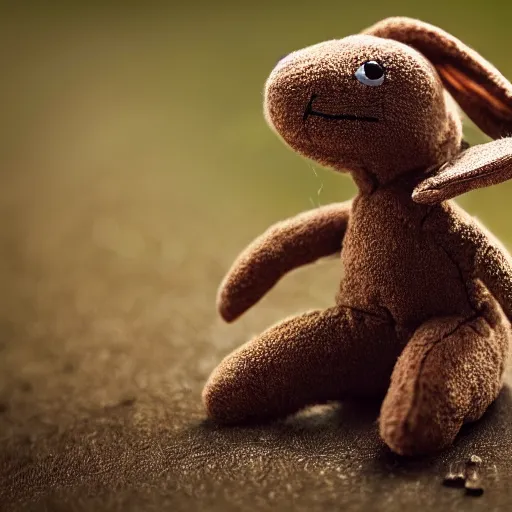 Image similar to a photo of a little brown bunny muppet plush wearing a cool ninja outfit and posed out in nature, photorealistic, photography, ambient occlusion, god rays, rtx, national geographic