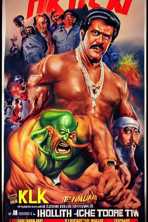 Image similar to vintage movie poster 1 mil $ kulk, hulk hogan, bollywood, india, gishnu, 1 9 8 2, drew struzan inspiration