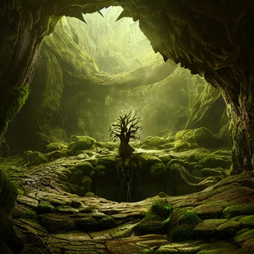 Prompt: yggdrasil in a deep mossy cavern, cinematic, ffxiv, very realistic, very detailed, hyperrealistic, octane render, high resolution, god rays, landscape, wide shot,