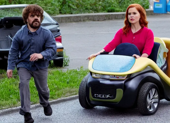 Image similar to peter dinklage and amy adams driving a little tikes cozy coupe, movie still, from the new fast and furious tokyo drift movie, 8 k, realistic