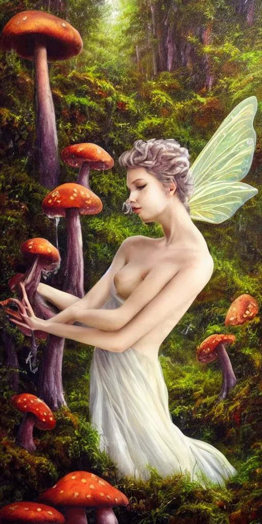 Prompt: epic oil painting of a beautiful fairy with a beautiful face and flawless skin wearing a gauze dress, landing on a mushroom in the forest, moss, fog