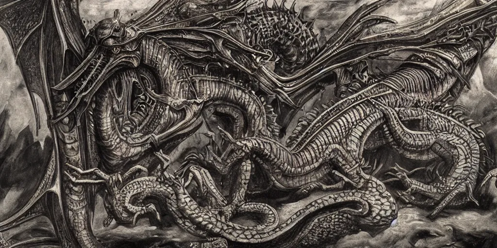 Prompt: a lovecraftian cinematic isograph print of a incan dragon by h. r giger in the style of renaissance art, trending on art station