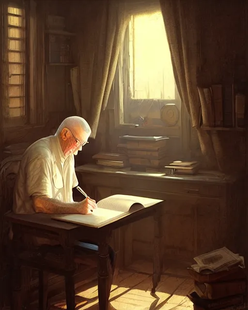 Image similar to old male scribe writing a book | | realistic shaded, fine details, realistic shaded lighting poster by greg rutkowski, diego gisbert llorens, magali villeneuve, artgerm, jeremy lipkin and rob rey