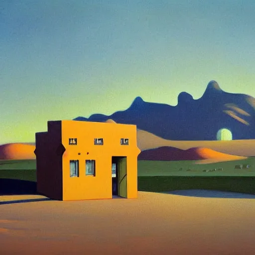 Image similar to motel in a desert Tatooine landscape, a woman, painted by François Roca and Edward Hopper, airbrush, highly detailed