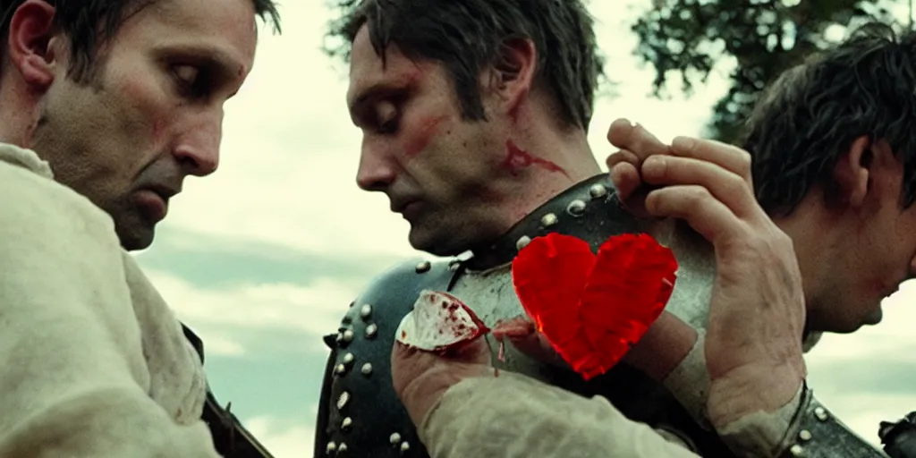 Image similar to film still of closeup the knight holds a bleeding heart in his hand by emmanuel lubezki