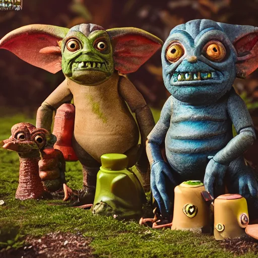 Prompt: autochrome photo of vintage disgusting brown Boglins, plastic goblin monster toys in a backyard garden, kaiju, oni, realistic, octane render