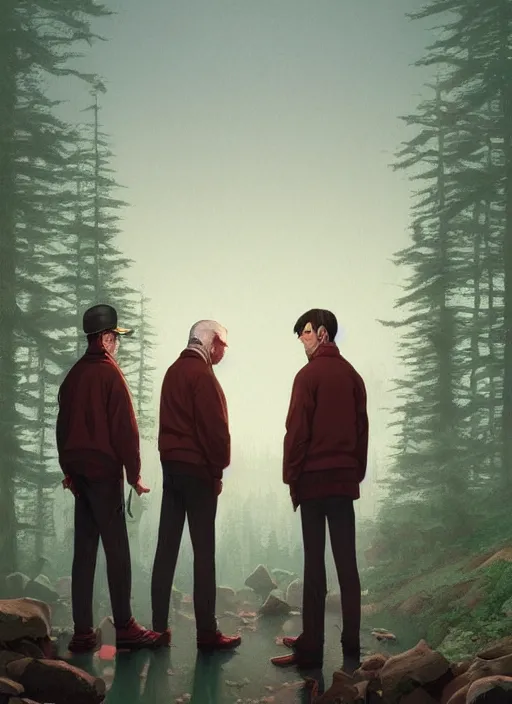 Prompt: Twin Peaks poster artwork by Michael Whelan and Tomer Hanuka, Rendering of the good guys, full of details, by Makoto Shinkai and thomas kinkade, Matte painting, trending on artstation and unreal engine