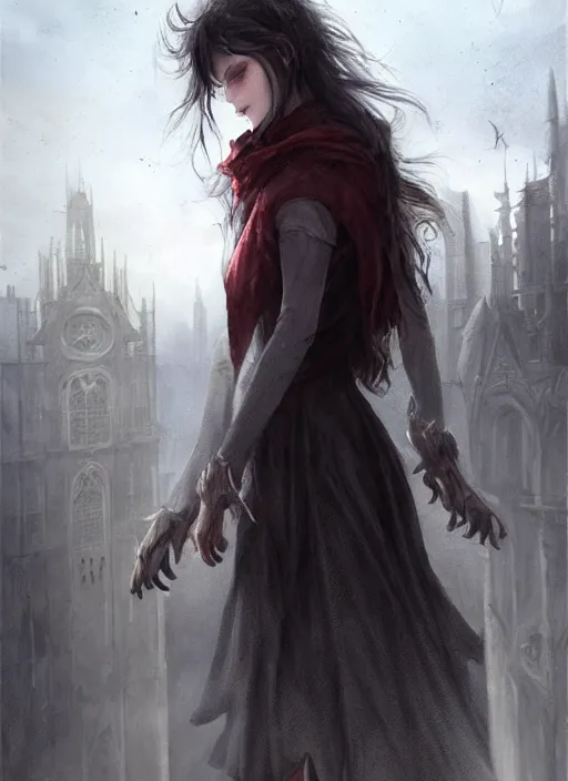 Prompt: a teenage girl with very short dark hair and a tattered grey cloak. she stands on top of a building in a gothic fantasy city. the sky has a red glow and ash is falling. beautiful painting by artgerm and greg rutkowski