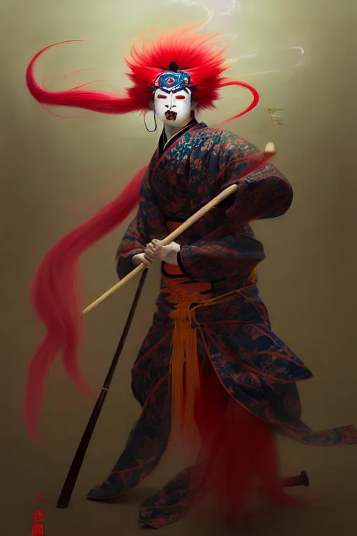 Prompt: an insane kabuki warrior wielding a spear while emitting a visible aura of madness, intricate hakama, red wig, crossed eyes, hazy atmosphere, high energy, in the style of fenghua zhong and ruan jia and jeremy lipking and peter mohrbacher, mystical colors, rim light,