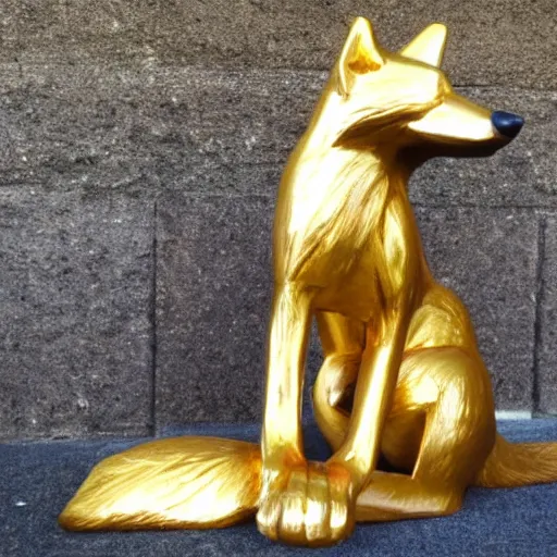 Image similar to fox statue made of reflective gold