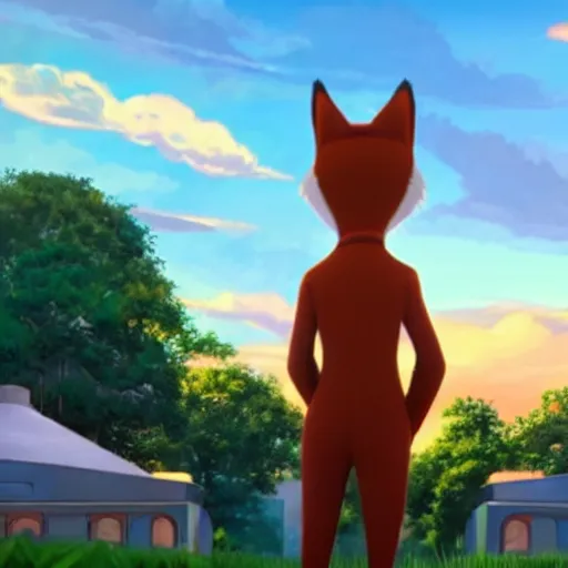 Image similar to nick wilde in a white tuxedo, standing in a city park at sunset, modern anime style, official anime still, studio trigger