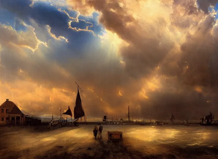 Prompt: oil painting of american old west town, harbour, dramatic storm clouds, dusty street, sunrays, dramatic, very very very beautiful art, cinematic lighting, romanticism by goya, bright pastel color, blue sky