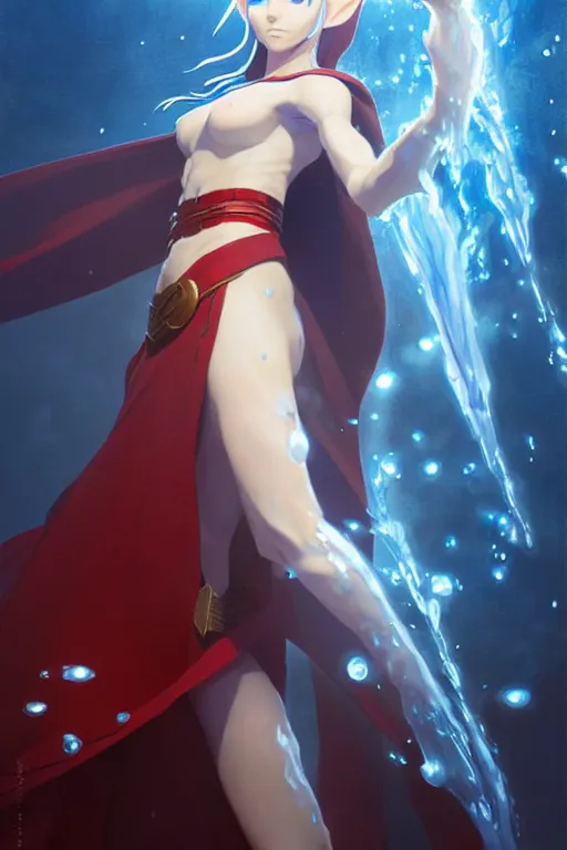 Image similar to elf female sorcerer doing water magic spells, blue robes, red hair, finely detailed perfect face, exquisite details, mid view, design on a white background, by studio muti, greg rutkowski makoto shinkai takashi takeuchi studio ghibli