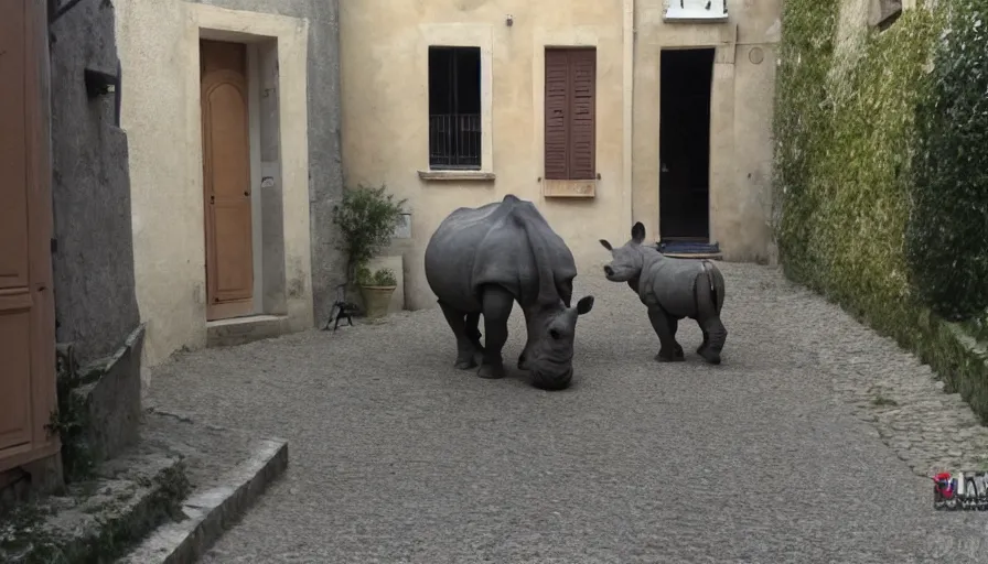 Image similar to a rhinoceros in a southern france townhouse, by mini dv camera, very low quality, heavy grain, blurry, caught on trail cam