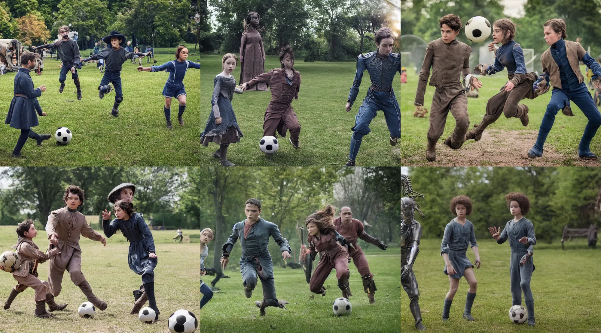 Prompt: still from a sci fi blockbuster movie made in 2022, set in 1860, a boy and a girl are playing soccer with a humanoid alien, both are wearing 1850s era clothes, in a park on a strange alien planet, good lighting, 8k, in focus faces, good photography, oscar winner