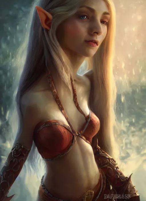 Image similar to A hyperrealistic fantasy portrait painting of a young female elf with stunning body in a rich castle setting, DAZ, hyperrealistic, ambient light, dynamic light, vray, nvidia, hires