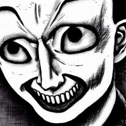 Image similar to smiling man, junji ito, creepy, unsettling,