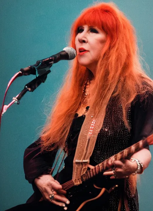 Image similar to dslr portrait photo still of stevie nicks with red hair playing a guitar, 8 5 mm, f 1. 8