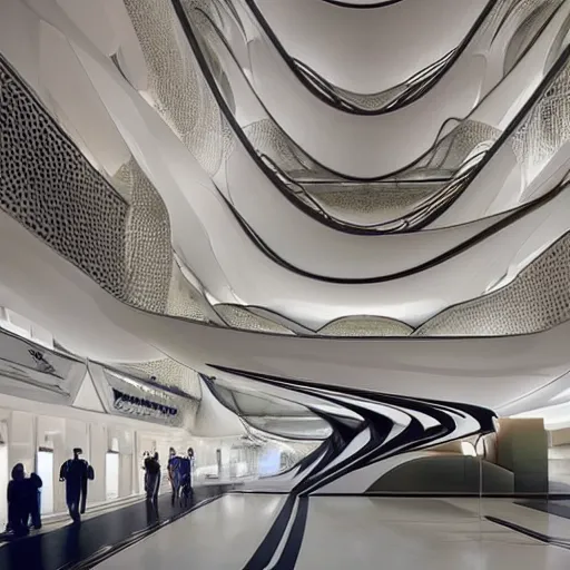 Image similar to extremely detailed ornate stunning beautiful elegant futuristic museum lobby interior by Zaha Hadid