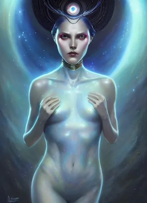 Image similar to a beautiful alien woman with sapphire skin, painted by artgerm and tom bagshaw, fantasy art, dramatic lighting, highly detailed oil painting